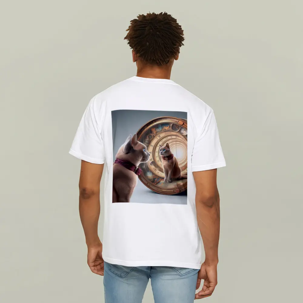 Burmese Cat Gazing Into Cosmic Clock Portal – T-Shirts