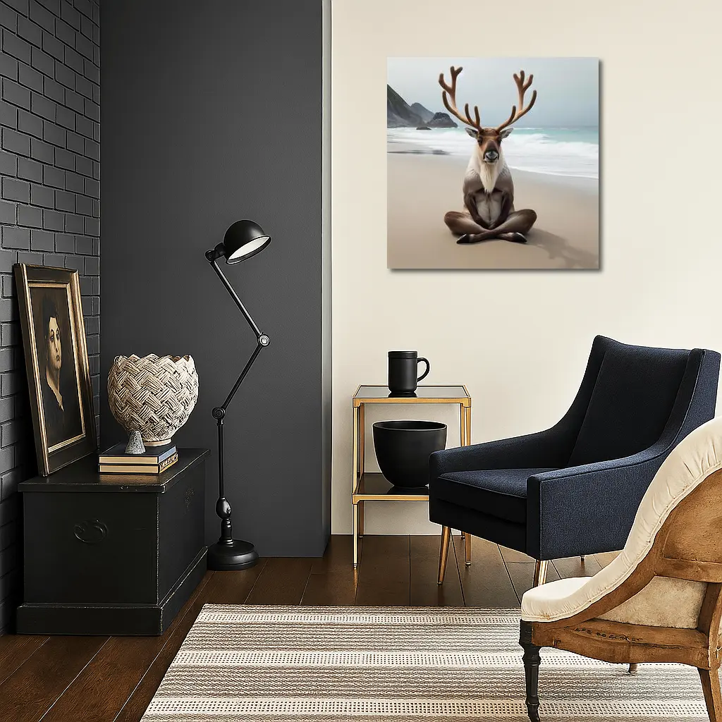Reindeer Meditating on Sandy Ocean Beach – Wall Art