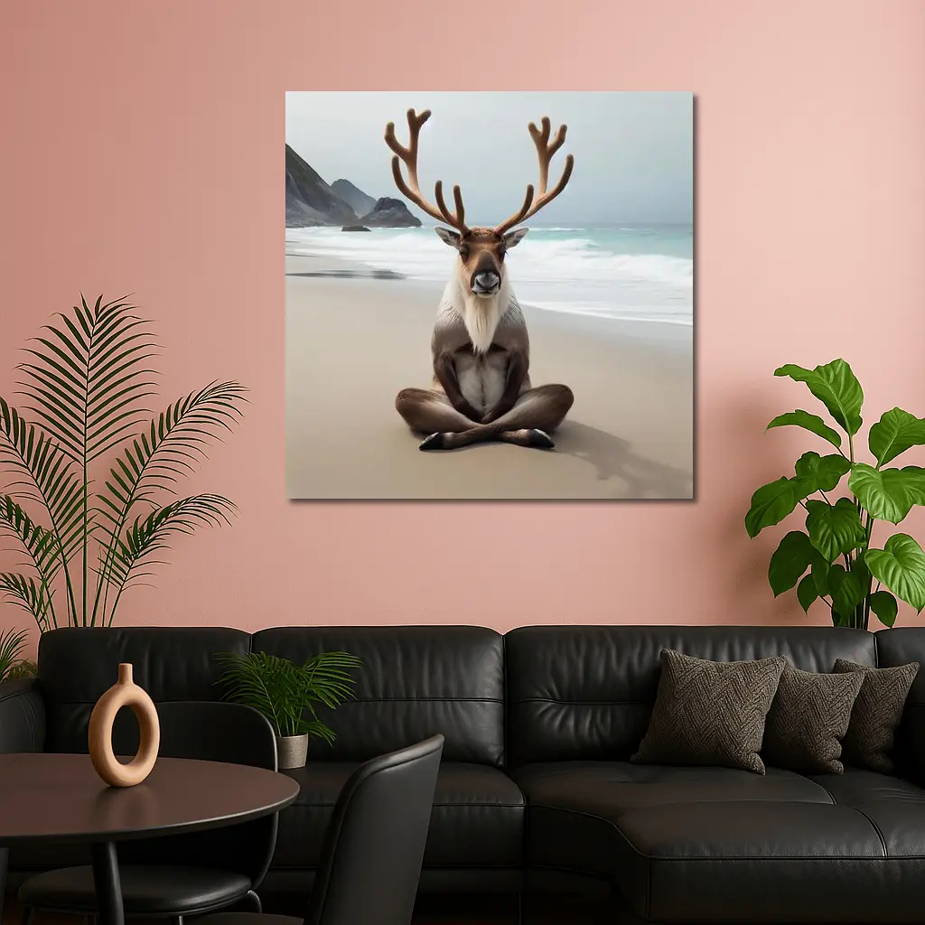 Reindeer Meditating on Sandy Ocean Beach – Wall Art