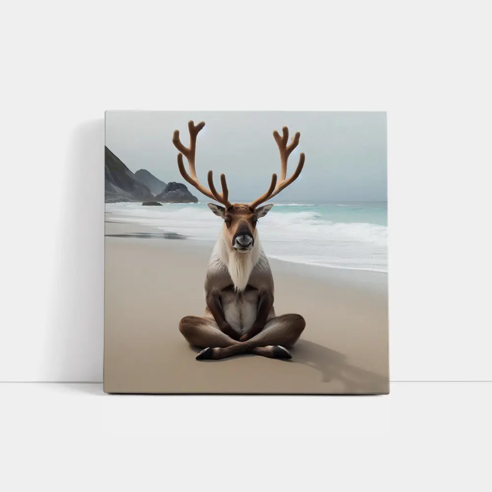 Reindeer Meditating on Sandy Ocean Beach – Wall Art