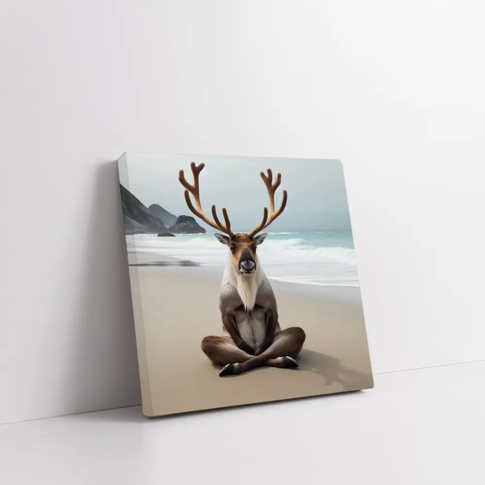 Reindeer Meditating on Sandy Ocean Beach – Wall Art