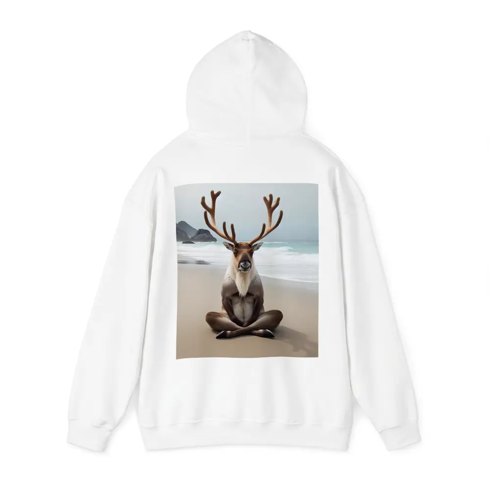 Reindeer Meditating on Sandy Ocean Beach – Hoodies