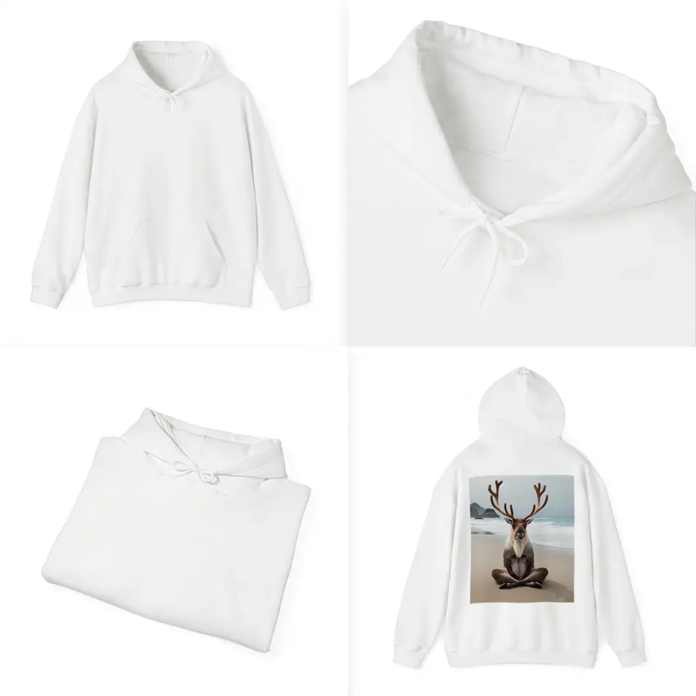 Reindeer Meditating on Sandy Ocean Beach – Hoodies