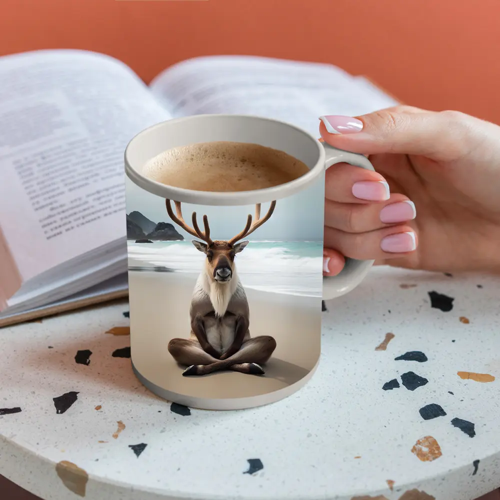 Reindeer Meditating on Sandy Ocean Beach – Mugs