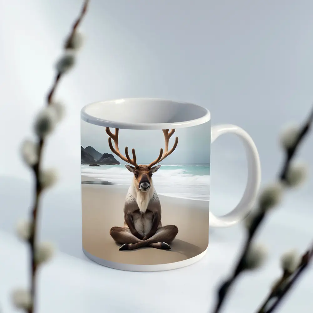 Reindeer Meditating on Sandy Ocean Beach – Mugs