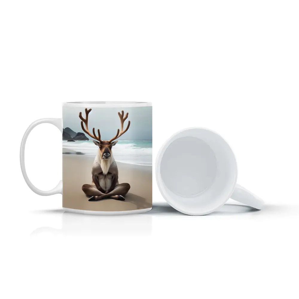 Reindeer Meditating on Sandy Ocean Beach – Mugs