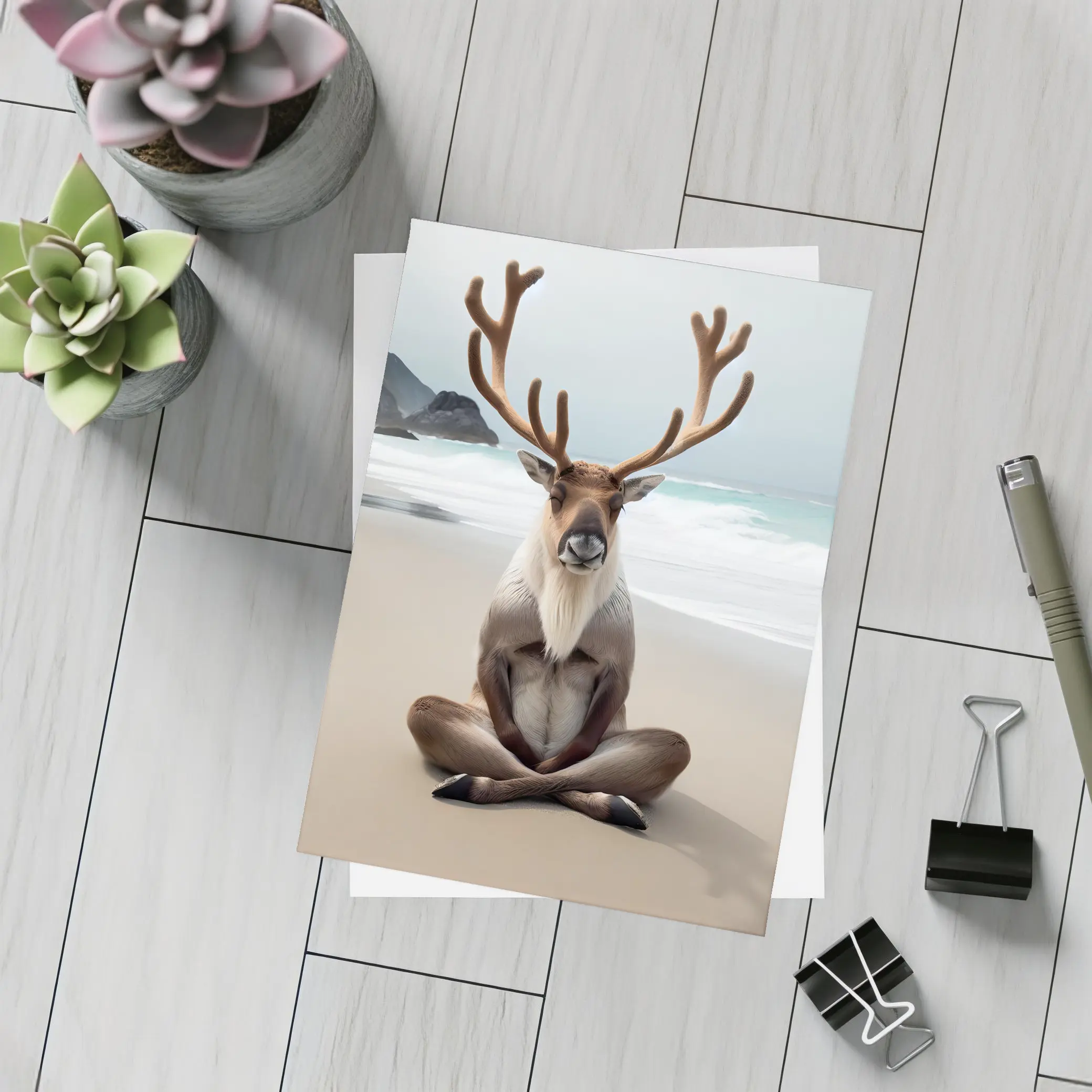 Reindeer Meditating on Sandy Ocean Beach – Postcards