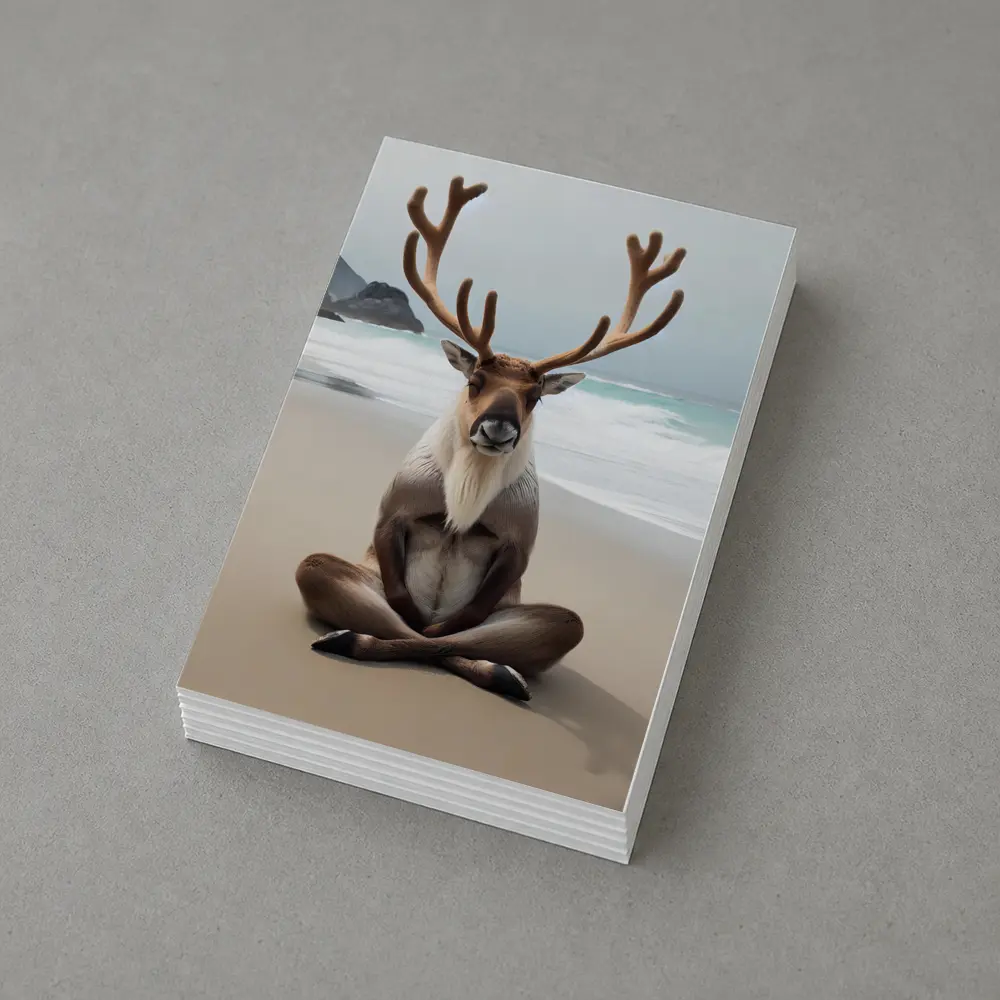 Reindeer Meditating on Sandy Ocean Beach – Postcards