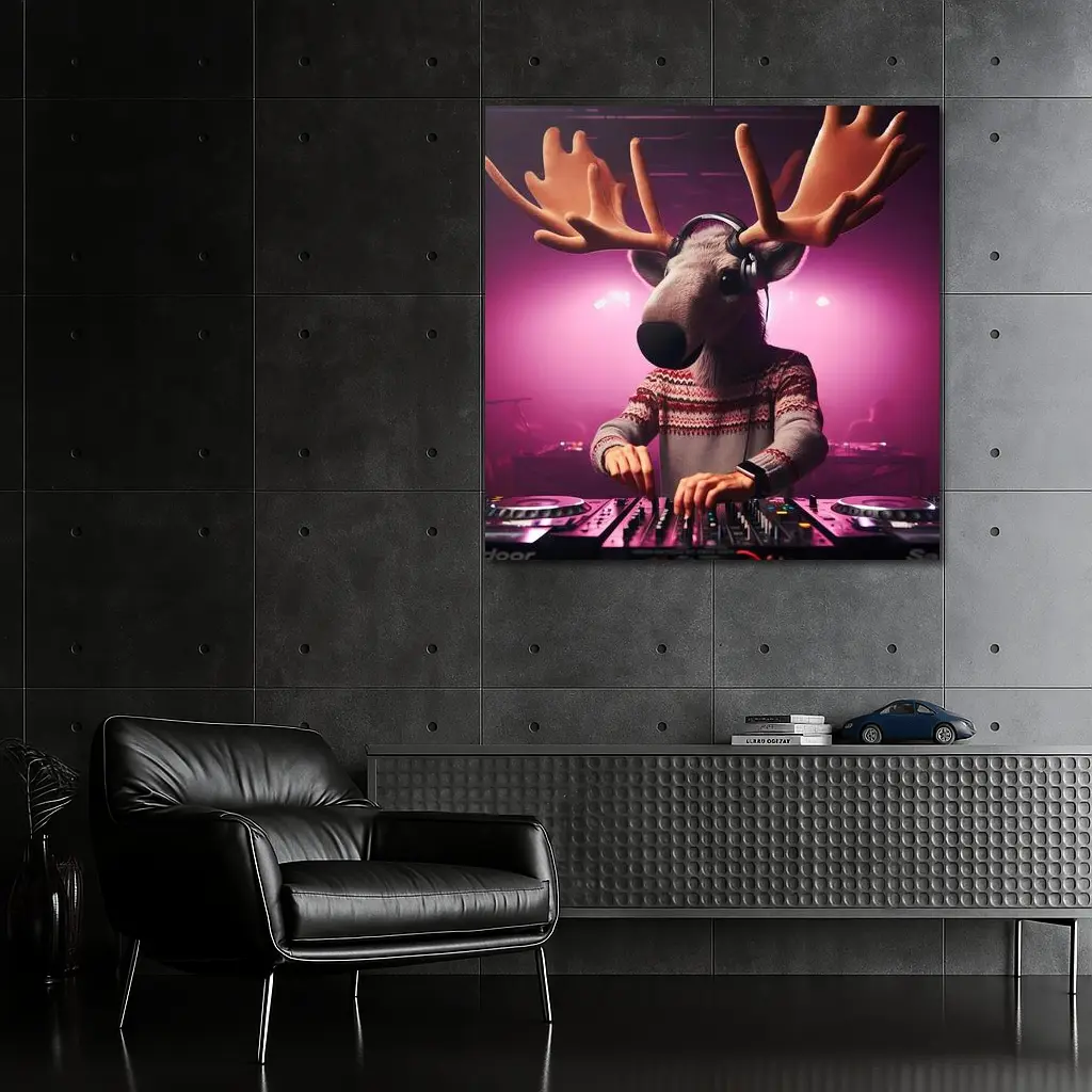 Moose DJ Spinning Records Pink Neon Club – Wall Art