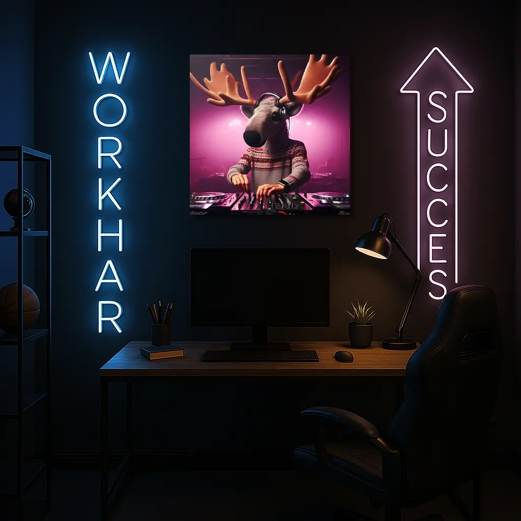 Moose DJ Spinning Records Pink Neon Club – Wall Art