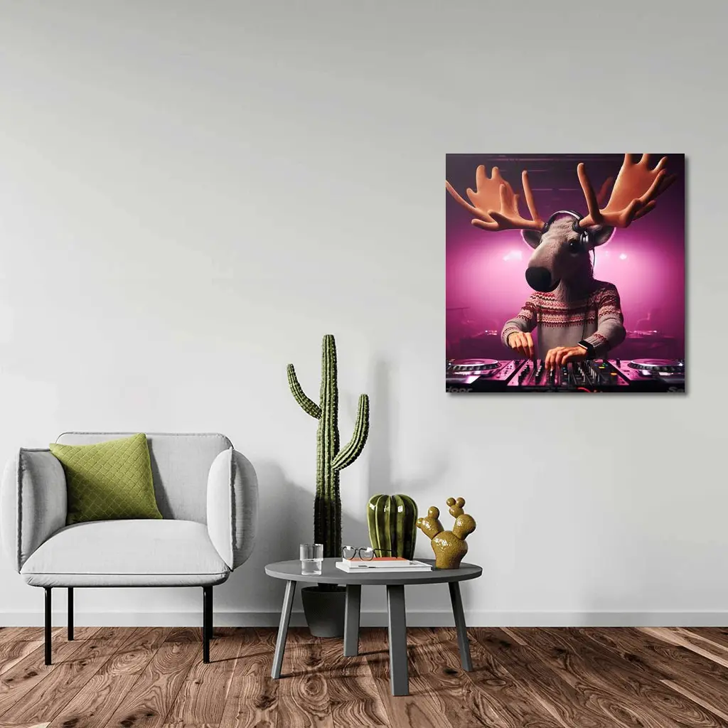 Moose DJ Spinning Records Pink Neon Club – Wall Art