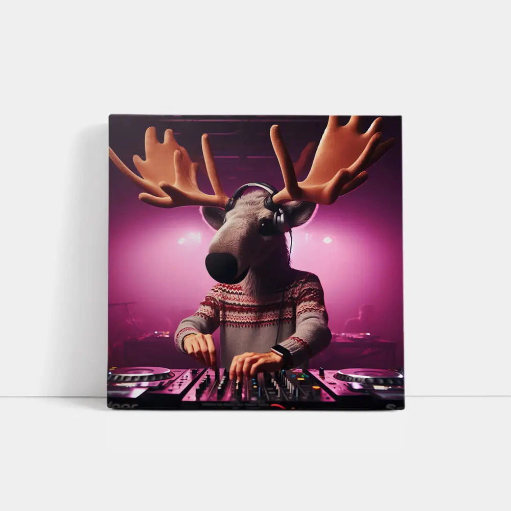 Moose DJ Spinning Records Pink Neon Club – Wall Art
