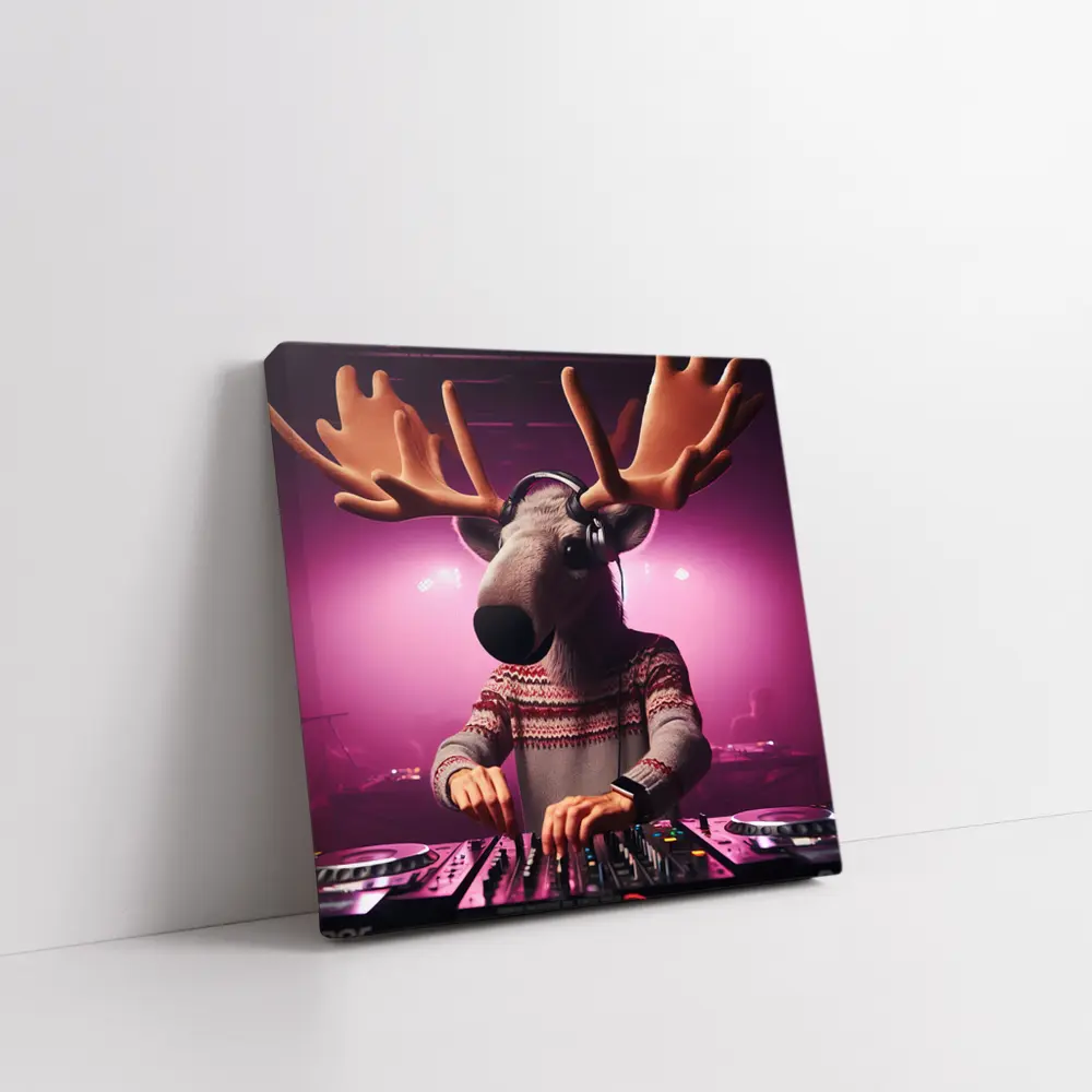 Moose DJ Spinning Records Pink Neon Club – Wall Art
