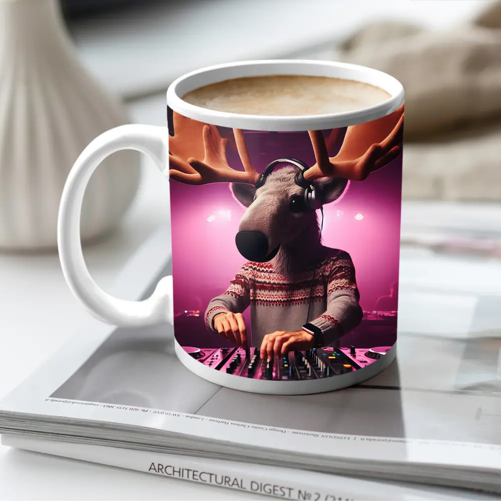 Moose DJ Spinning Records Pink Neon Club – Mugs