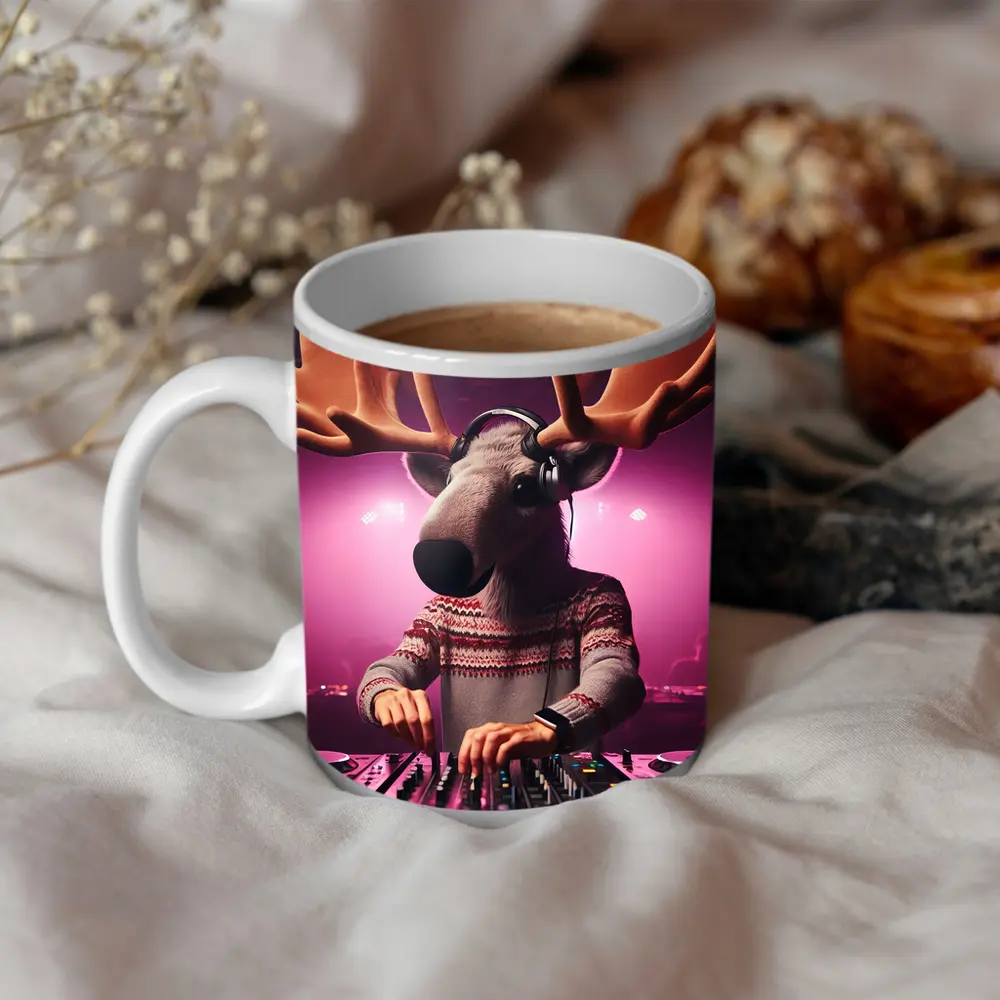 Moose DJ Spinning Records Pink Neon Club – Mugs