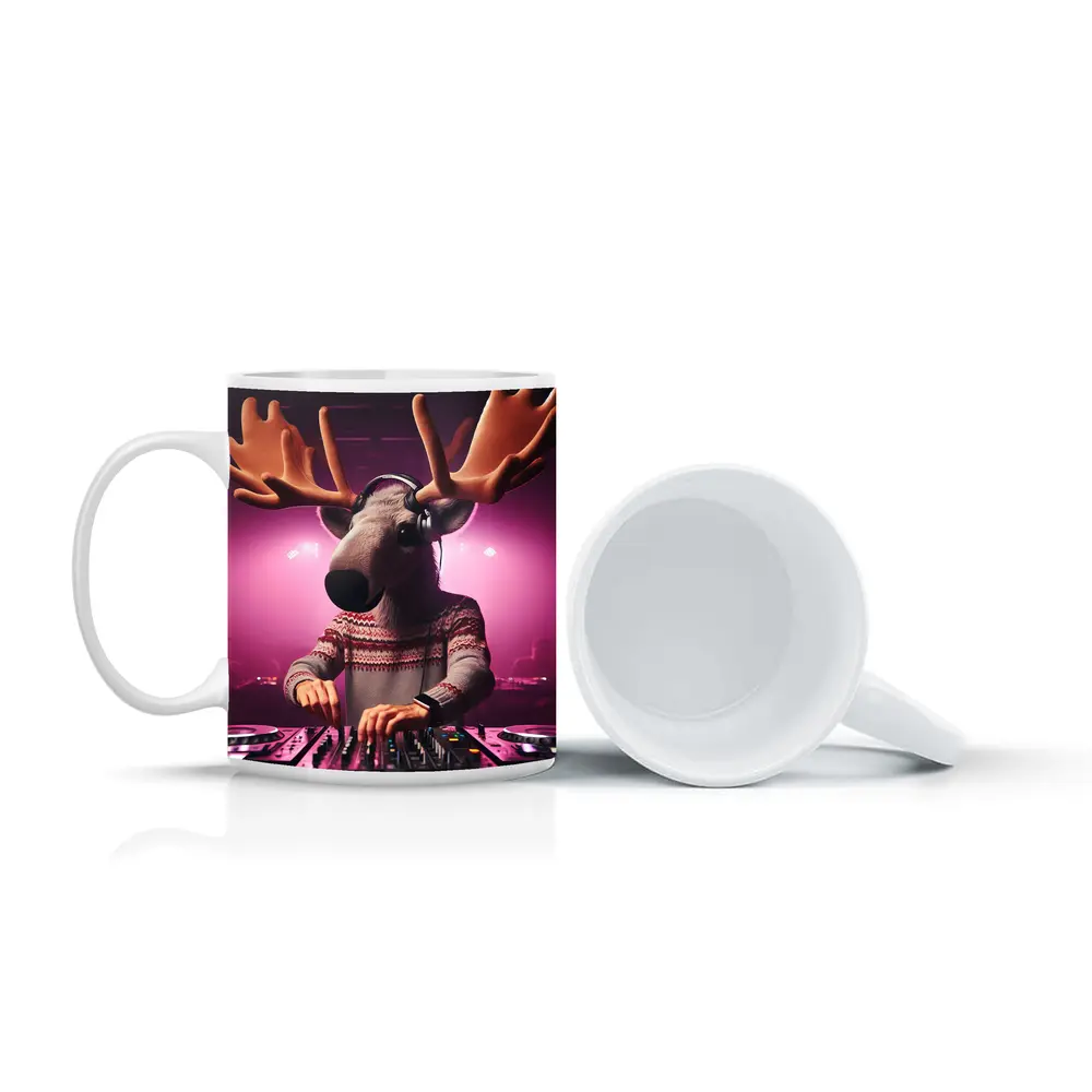 Moose DJ Spinning Records Pink Neon Club – Mugs