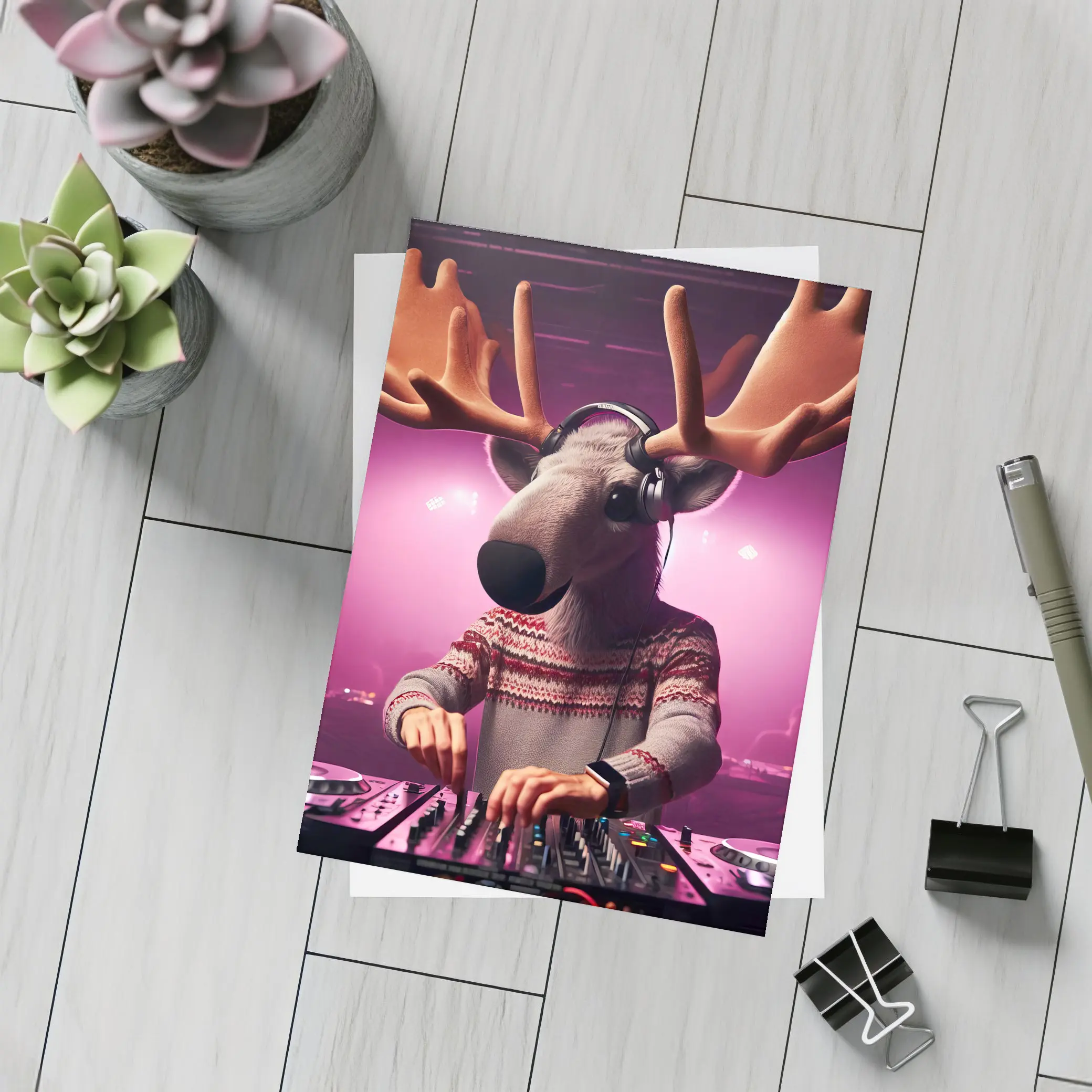 Moose DJ Spinning Records Pink Neon Club – Postcards
