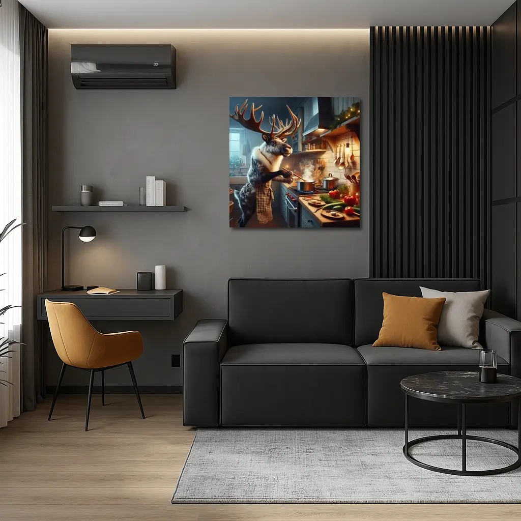 Reindeer Chef Cooking in Cozy Kitchen – Wall Art