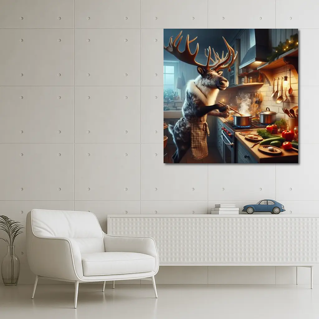 Reindeer Chef Cooking in Cozy Kitchen – Wall Art