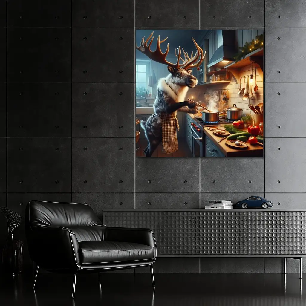Reindeer Chef Cooking in Cozy Kitchen – Wall Art