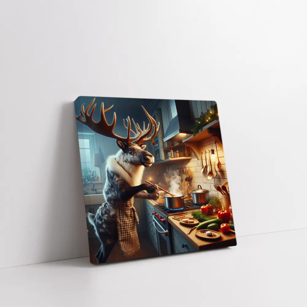 Reindeer Chef Cooking in Cozy Kitchen – Wall Art