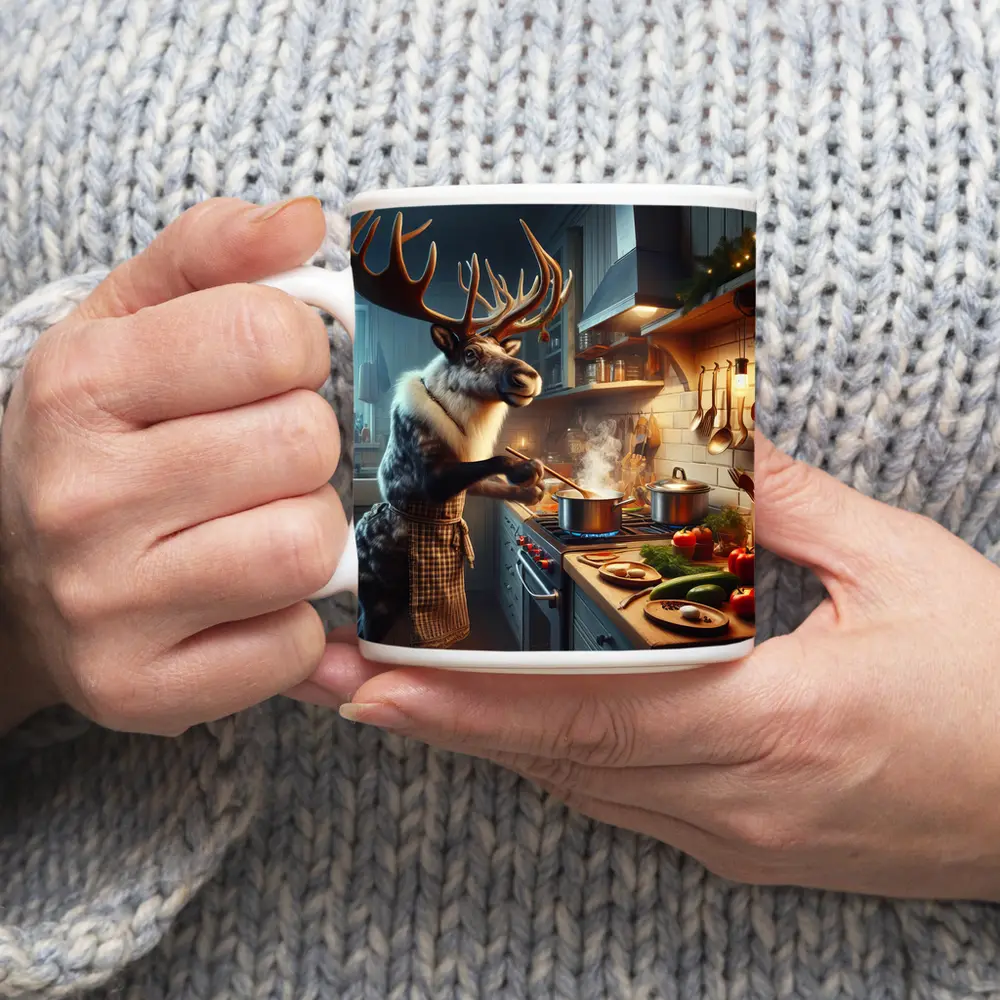 Reindeer Chef Cooking in Cozy Kitchen – Mugs