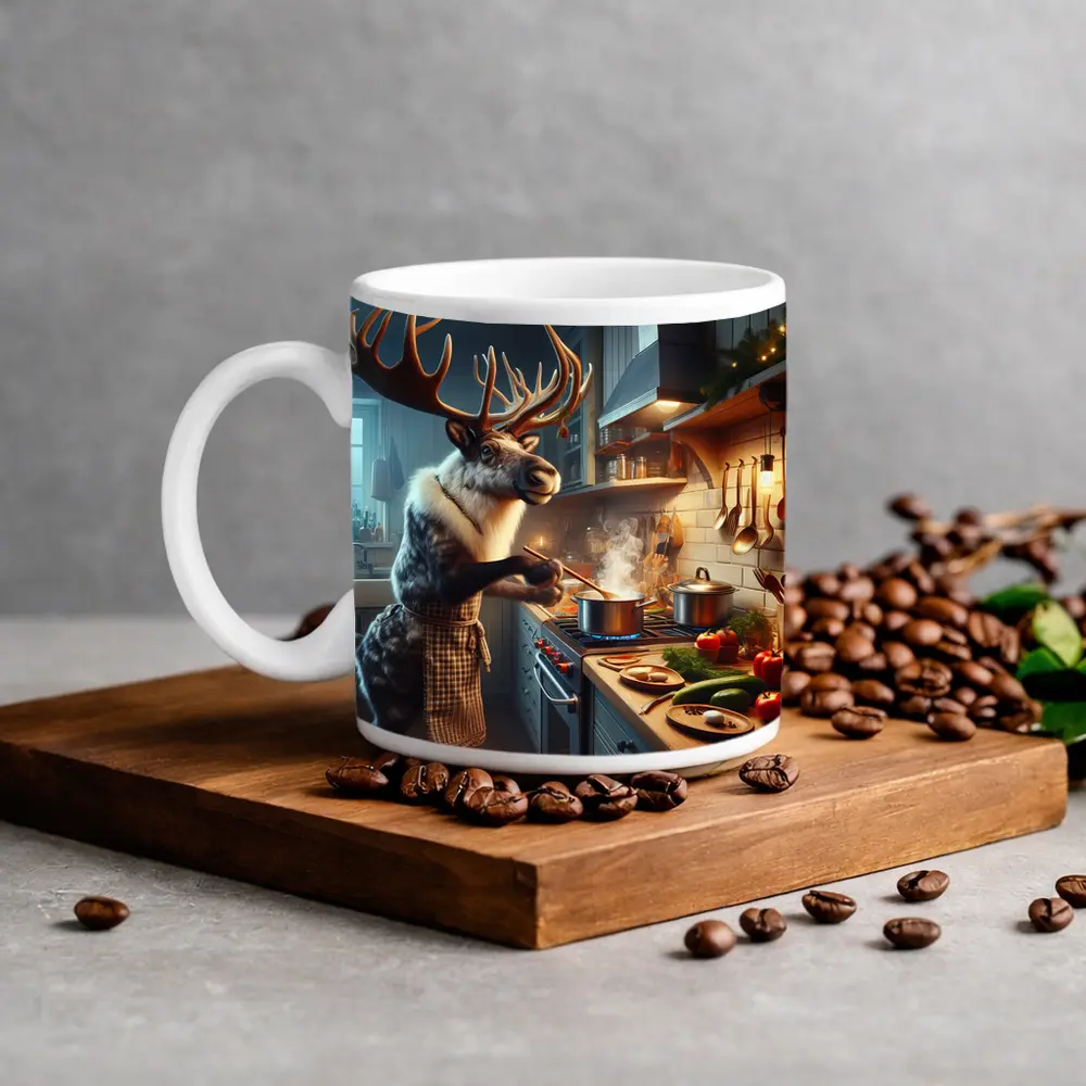 Reindeer Chef Cooking in Cozy Kitchen – Mugs