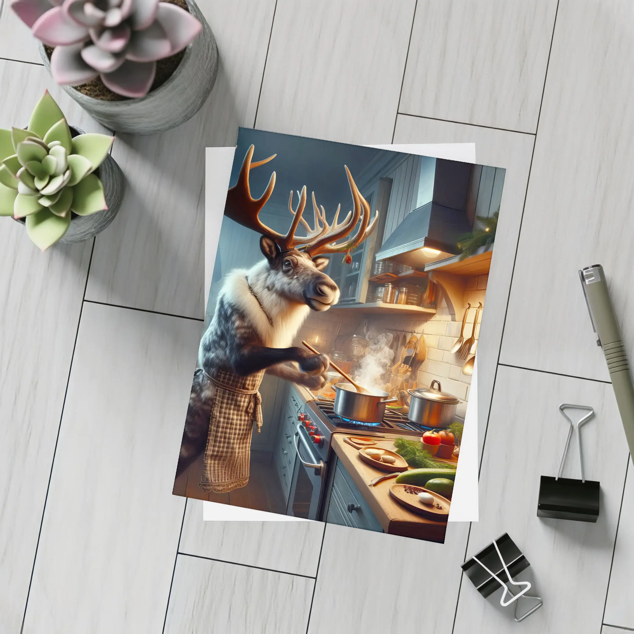 Reindeer Chef Cooking in Cozy Kitchen – Postcards
