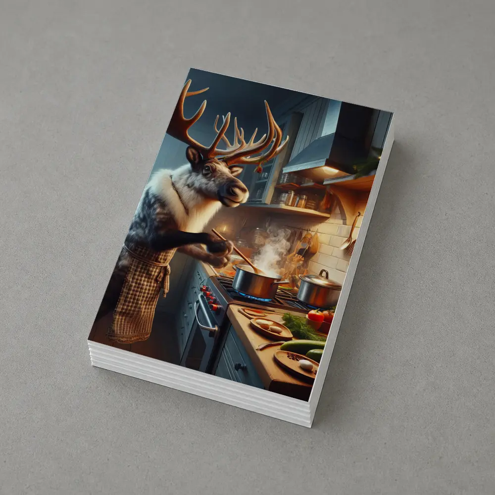 Reindeer Chef Cooking in Cozy Kitchen – Postcards