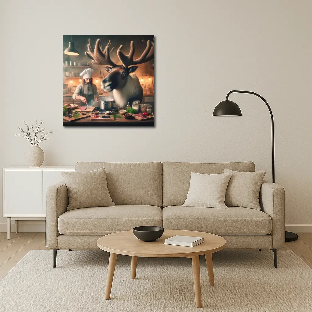 Caribou Chef Cooking in Rustic Kitchen – Wall Art