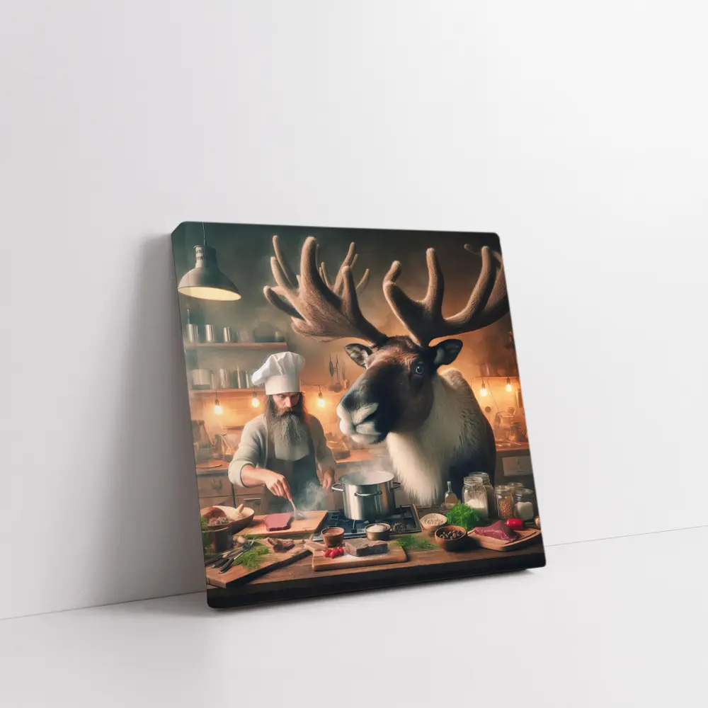 Caribou Chef Cooking in Rustic Kitchen – Wall Art
