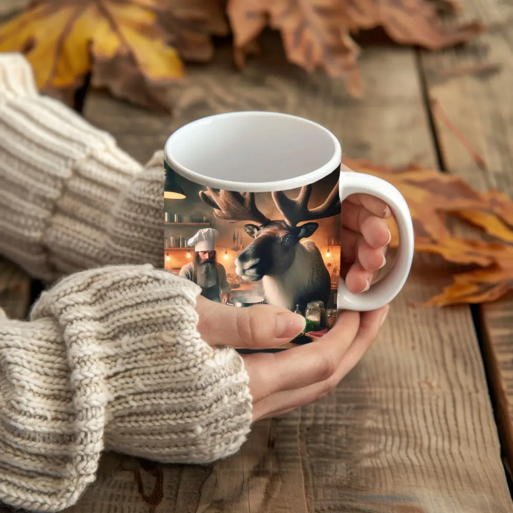 Caribou Chef Cooking in Rustic Kitchen – Mugs