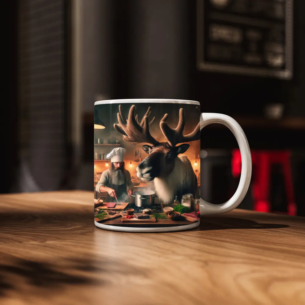 Caribou Chef Cooking in Rustic Kitchen – Mugs