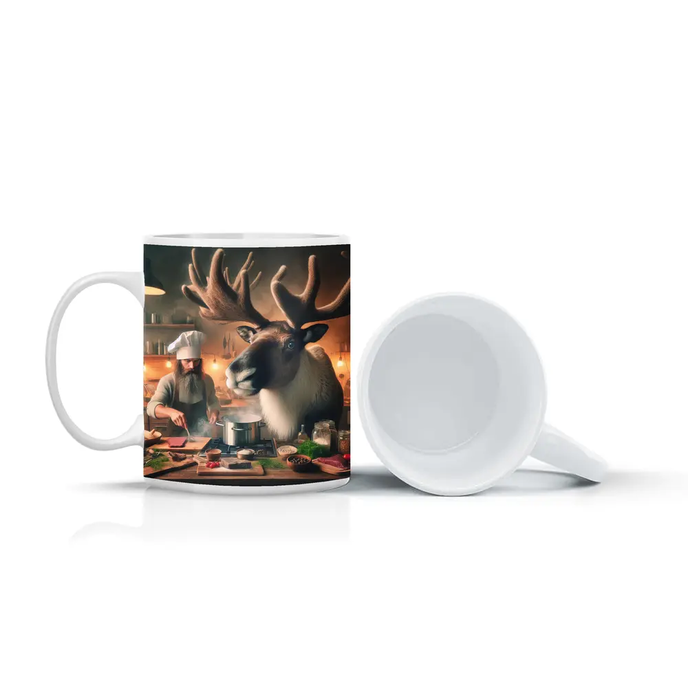 Caribou Chef Cooking in Rustic Kitchen – Mugs