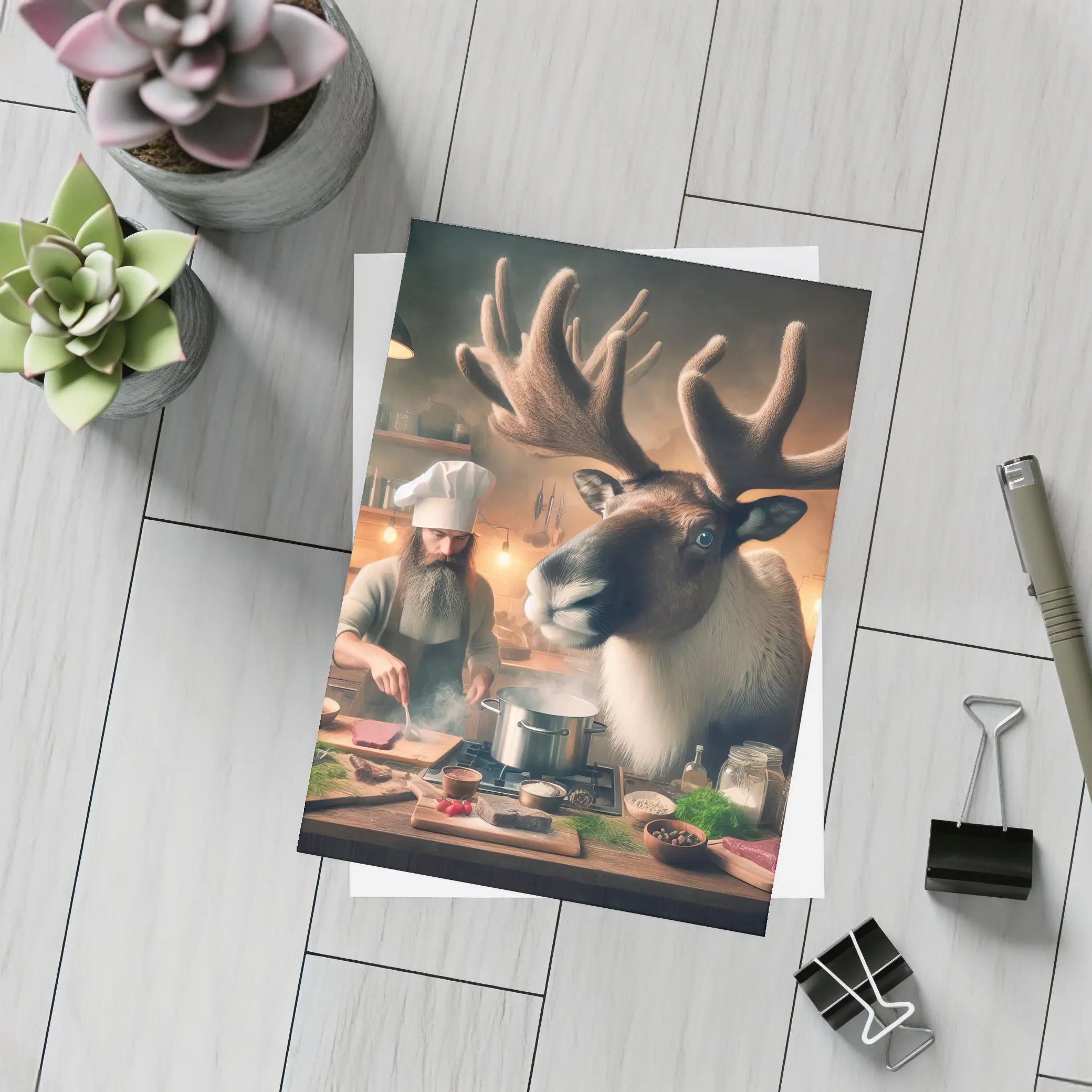Caribou Chef Cooking in Rustic Kitchen – Postcards