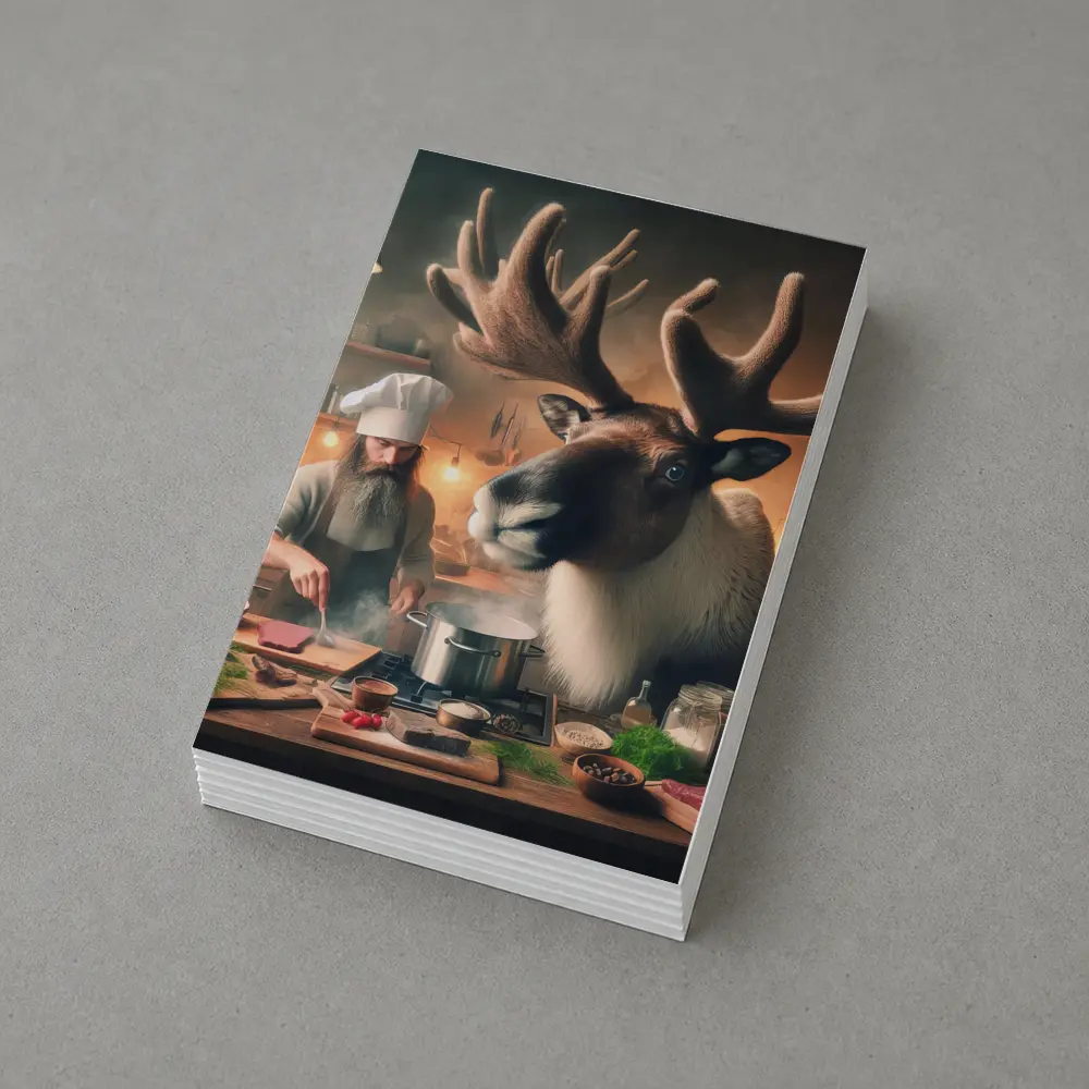 Caribou Chef Cooking in Rustic Kitchen – Postcards