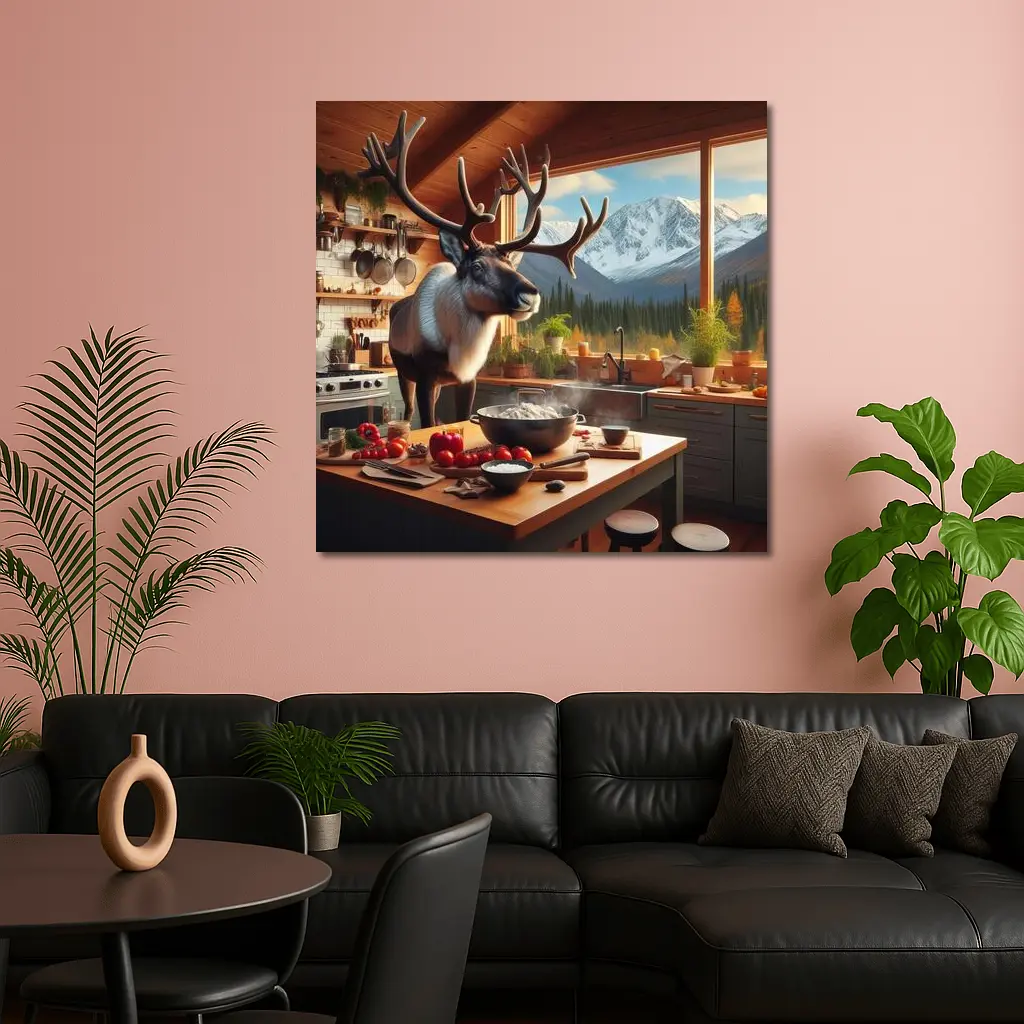 Caribou Cooking in Mountain Cabin Kitchen – Wall Art