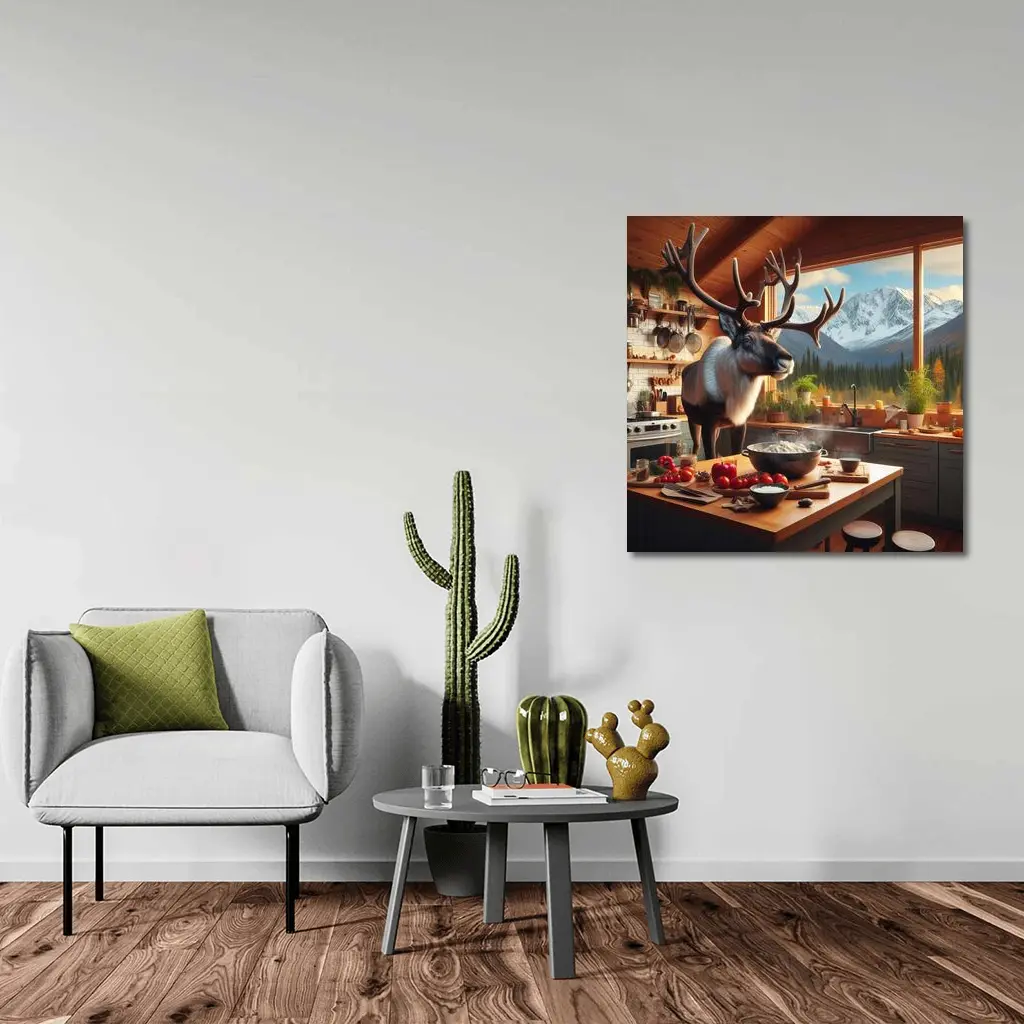 Caribou Cooking in Mountain Cabin Kitchen – Wall Art