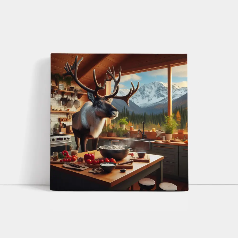 Caribou Cooking in Mountain Cabin Kitchen – Wall Art