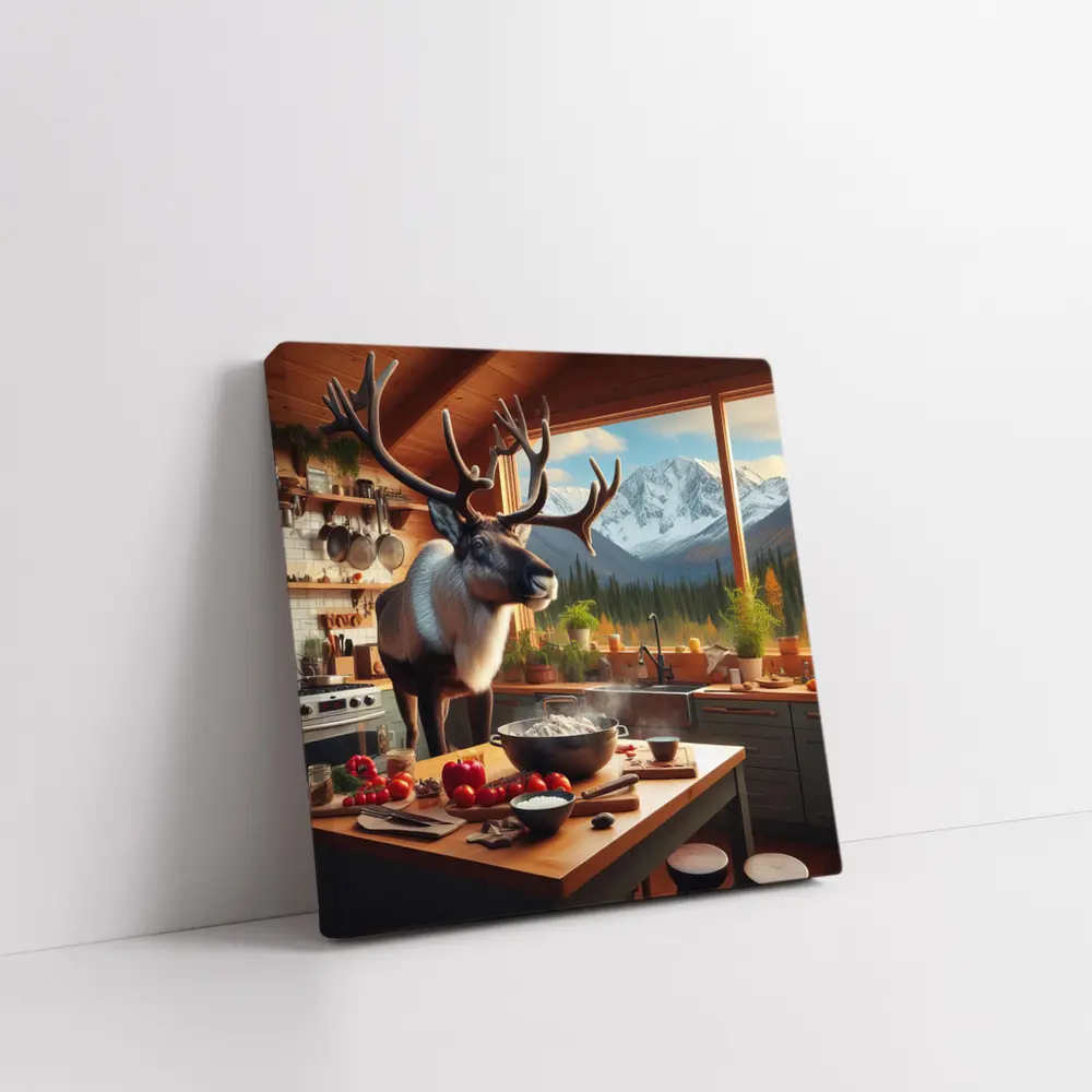 Caribou Cooking in Mountain Cabin Kitchen – Wall Art
