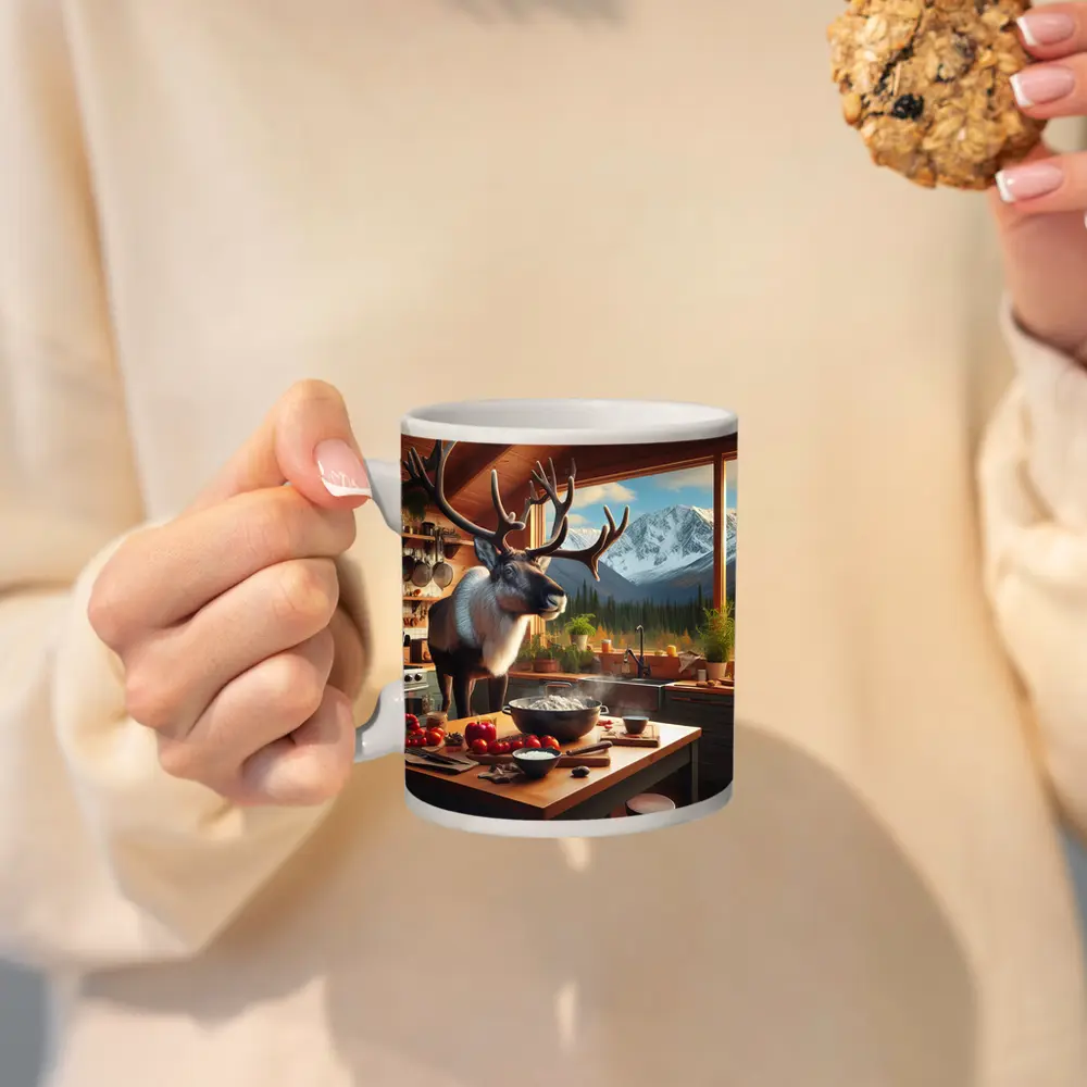 Caribou Cooking in Mountain Cabin Kitchen – Mugs