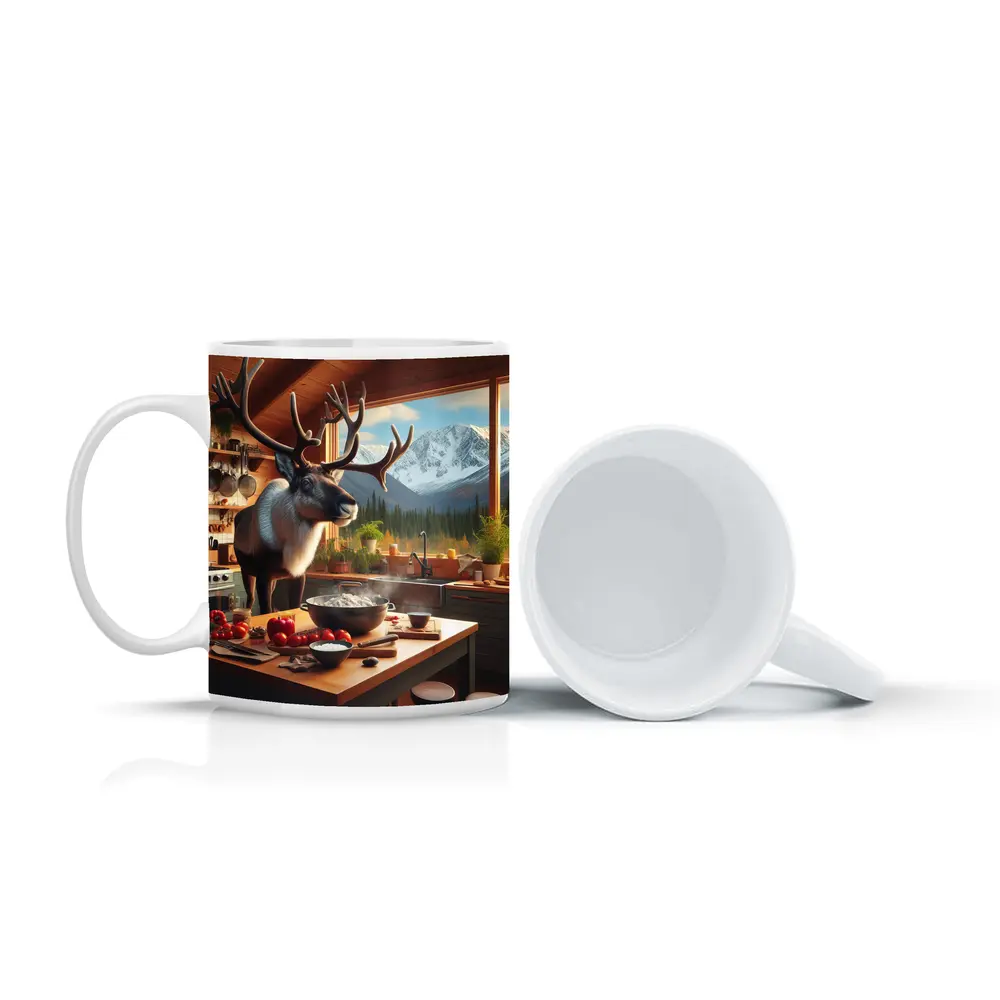 Caribou Cooking in Mountain Cabin Kitchen – Mugs