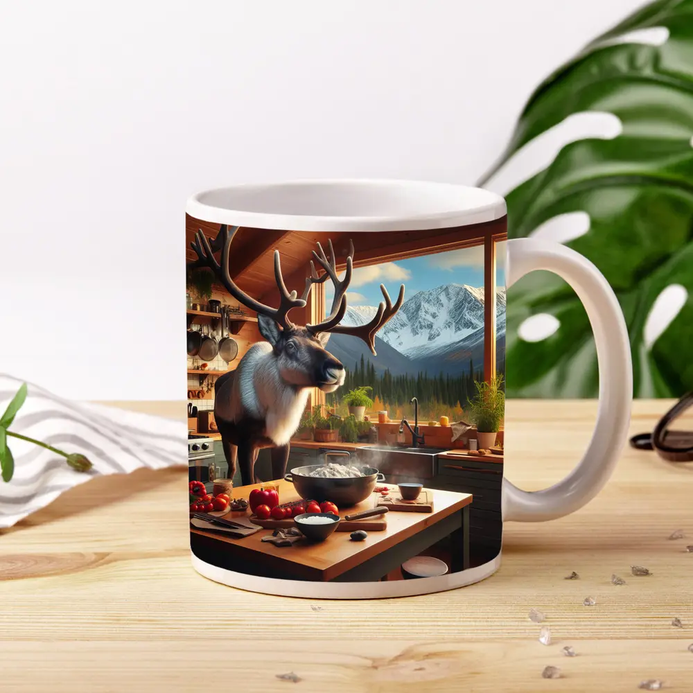 Caribou Cooking in Mountain Cabin Kitchen – Mugs