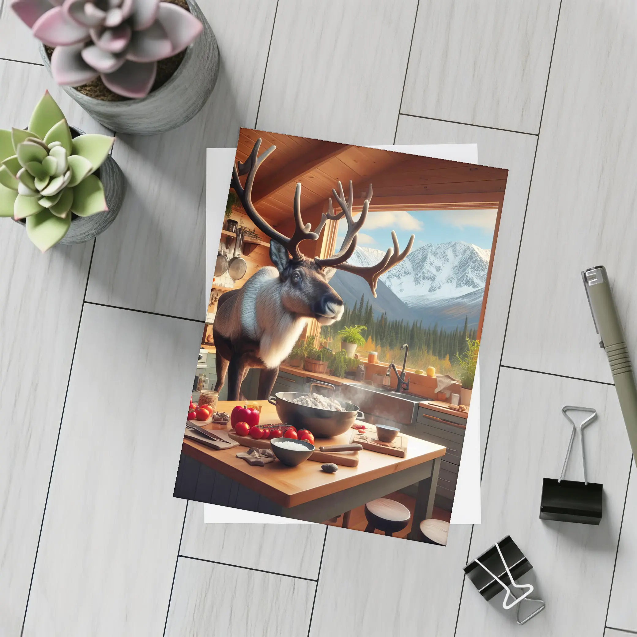 Caribou Cooking in Mountain Cabin Kitchen – Postcards