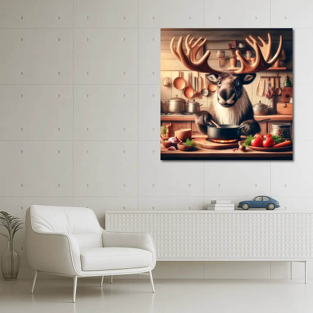 Moose Chef Cooking in Rustic Kitchen – Wall Art
