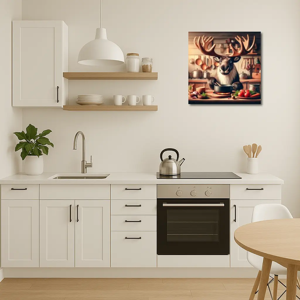 Moose Chef Cooking in Rustic Kitchen – Wall Art