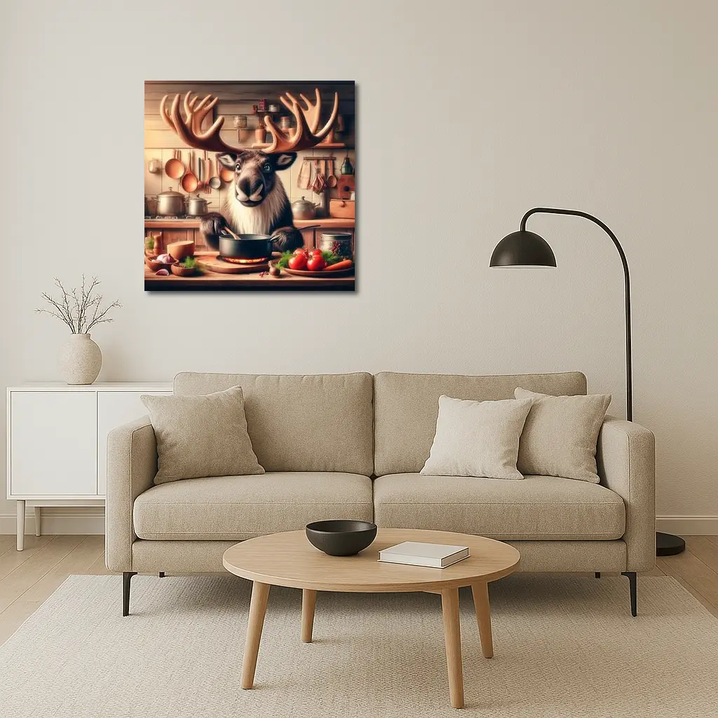 Moose Chef Cooking in Rustic Kitchen – Wall Art