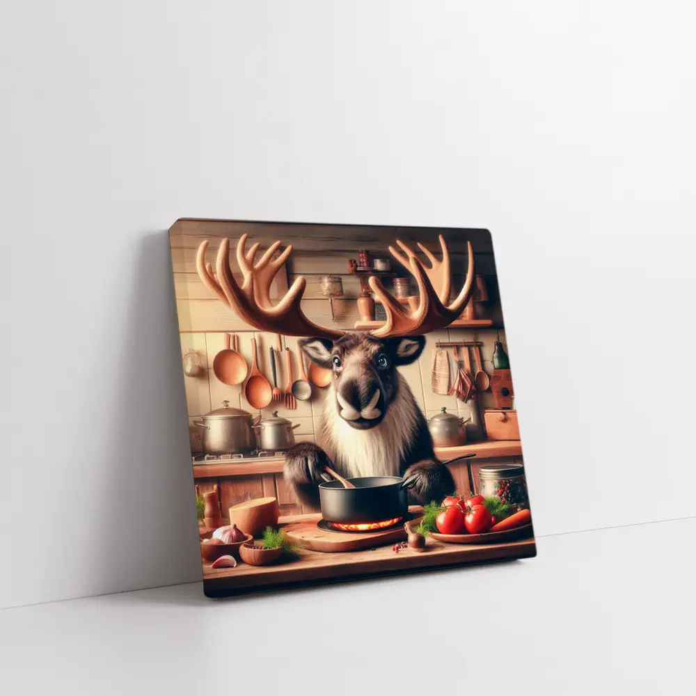 Moose Chef Cooking in Rustic Kitchen – Wall Art