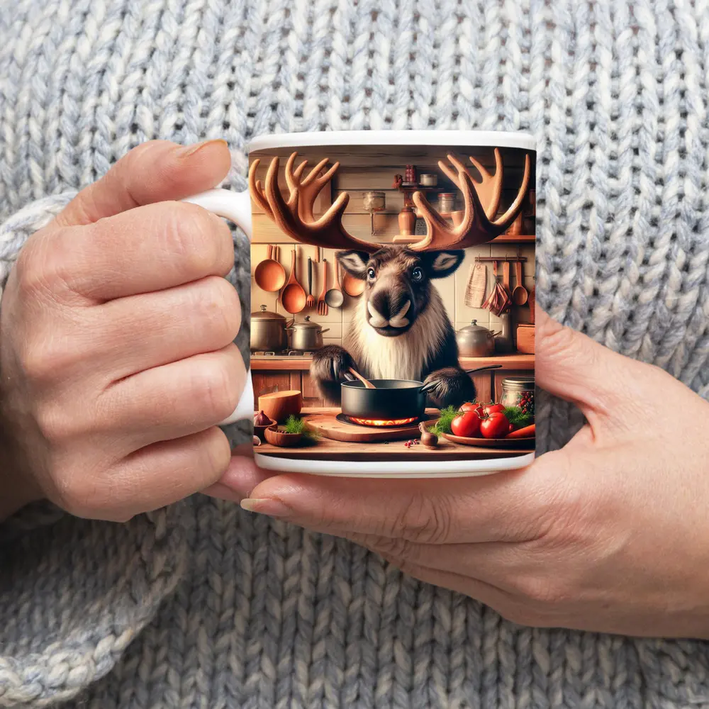 Moose Chef Cooking in Rustic Kitchen – Mugs