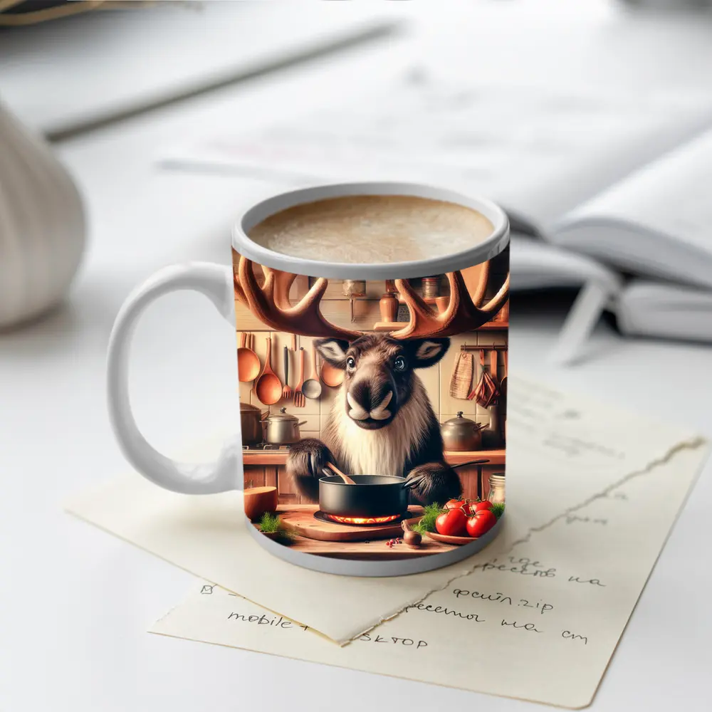 Moose Chef Cooking in Rustic Kitchen – Mugs